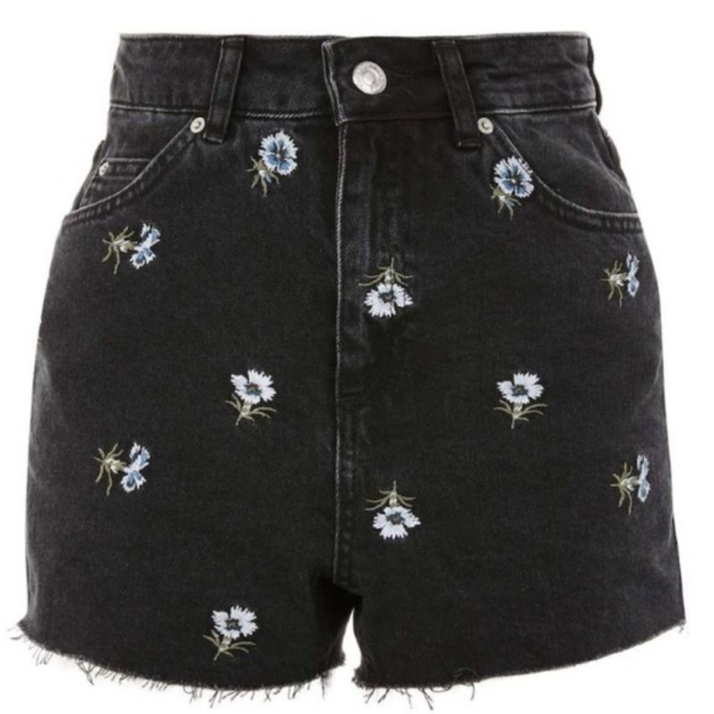 TOPSHOP High Waisted Embroidered Floral Shorts Distressed Black Denim NWT - Picture 4 of 5